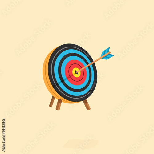 Flat vector illustration of a circular archery target featuring colorful concentric rings in yellow, red, blue, and black with a wooden arrow striking the center bullseye on a stand.