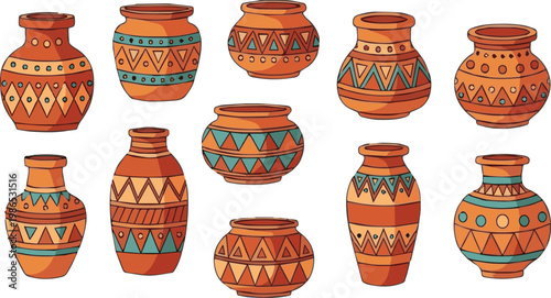 Collection of Ten Decorative Terracotta Pots with Geometric Patterns Keywords: pottery, terracotta, vase, jar, ceramic