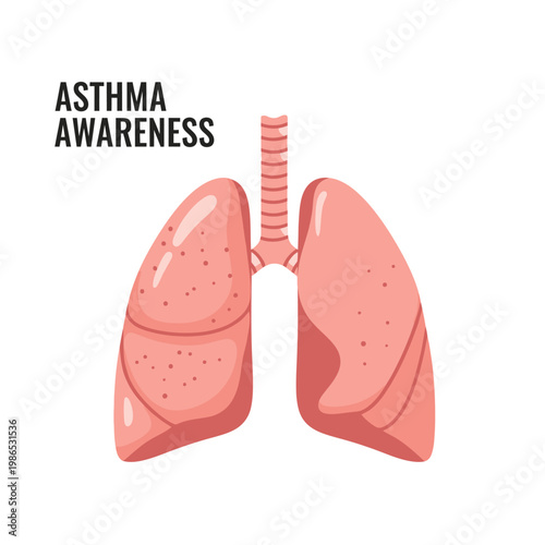 Medical vector illustration for asthma awareness featuring anatomical human lungs and trachea isolated on a white background, suitable for health campaigns and respiratory education.