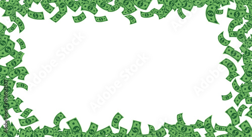 White rectangular frame surrounded by a decorative border of many green paper money bills falling through the air.