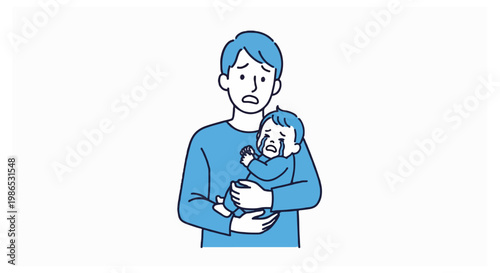 Man with blue hair wearing a blue sweater holding a crying infant with large tears on its cheeks against a solid white background.