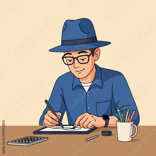 Male cartoonist wearing a blue fedora and glasses sits at a desk drawing on a digital graphics tablet with a stylus, surrounded by art supplies like pencils and a palette.