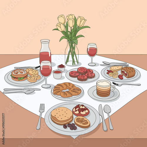 Flat line art illustration of a brunch table setting featuring a variety of breakfast foods like pancakes, sandwiches, and pastries, with a vase of yellow tulips and juice glasses