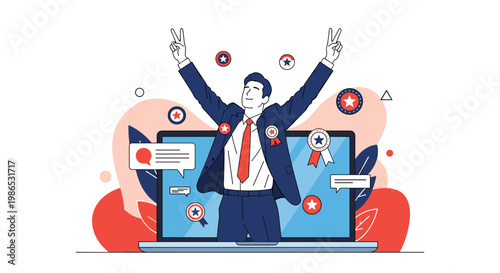 Successful politician or businessman celebrating a win on a laptop screen with celebratory badges and medals.
