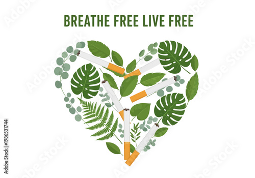 Vector illustration of cigarettes shaped into a heart with foliage, symbolizing freedom from smoking and healthy living
