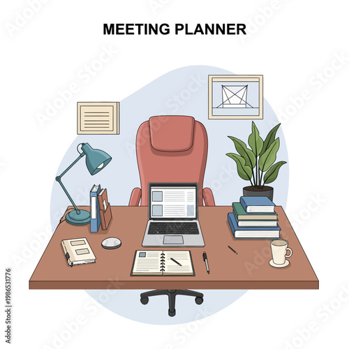 Detailed vector illustration of a tidy office workspace with a wooden desk, open laptop, meeting planner notebook, pens, coffee mug, stack of books, lamp, and indoor plant.