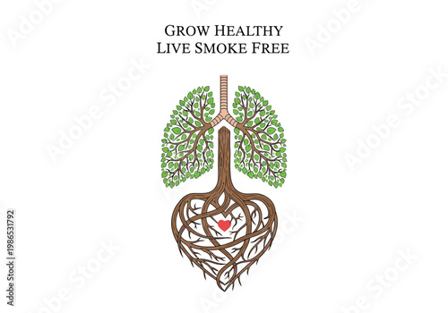 Vector illustration of lungs as a tree with roots and a heart, promoting a smoke-free life