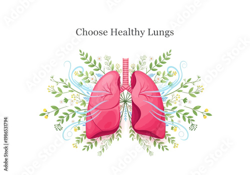 Vector Illustration of Healthy Lungs Surrounded by Nature, Promoting Respiratory Health and Well-being