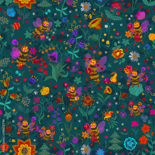 Seamless pattern with bee characters and flowers. Fairytale design