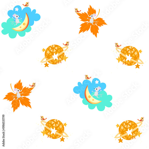 Cute mice surf on slice of cheese and maple leaf. Seamless pattern with planets with birds. Adorable design for kids.