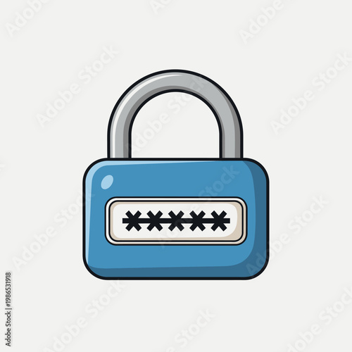 Vector illustration of a blue padlock icon featuring a password entry field with black asterisks on a white background, representing cybersecurity, data encryption, and privacy.