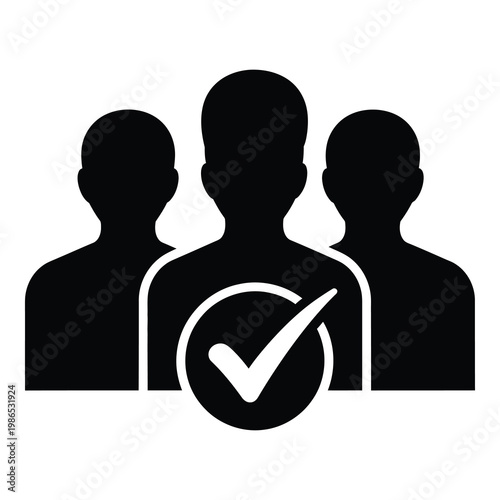 Three people silhouettes with a checkmark in front  group of users with approval icon