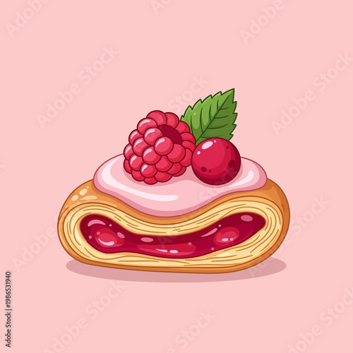 Vector illustration of a flaky puff pastry filled with red raspberry jam, topped with pink icing, a fresh whole raspberry, a red currant, and a green mint leaf on a pink background.