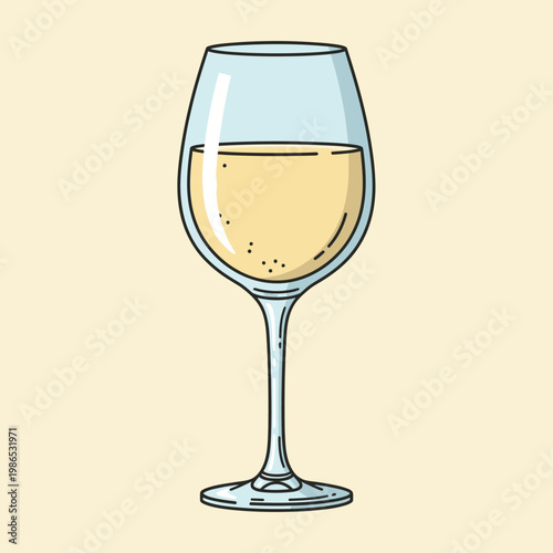 Minimalist vector illustration of a single stemmed glass filled with white wine, featuring clean black outlines and subtle shading, isolated on a solid pale yellow background.