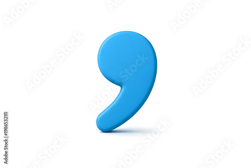 Vibrant blue three-dimensional comma symbol standing upright, representing grammatical pausa and clarity in written communication, isolated on a clean white background with subtle shadow