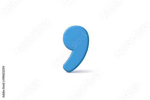 3D Rendered Blue Comma Symbol Isolated on White Background. This Essential Punctuation Mark Represents a Pause or Separation in Text, Crucial for Grammar and Clear Communication