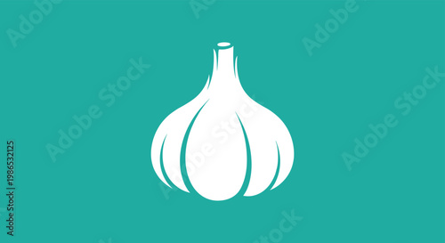 Minimalist white silhouette of a single garlic bulb isolated on a vibrant teal blue background for kitchen decor.