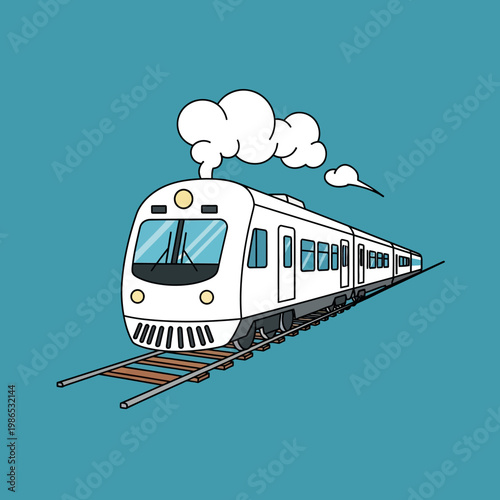 Vector illustration of a modern white commuter train traveling on railway tracks with stylized steam clouds, isolated on a solid blue background for transport concepts.