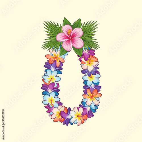 Tropical flower lei arrangement illustrated with a pink hibiscus, multi-colored frangipani blossoms, purple floral accents, and green palm leaves isolated on a plain cream background.