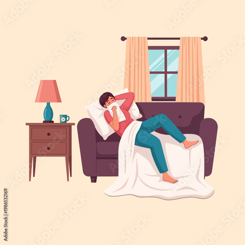 Vector illustration of a sick woman lying on a living room sofa covered with a white blanket while blowing her nose with a tissue, featuring a side table with a lamp and a window.