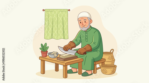 Elderly Muslim Man Sharpening a Large Knife on a Whetstone, Traditional Character Illustration