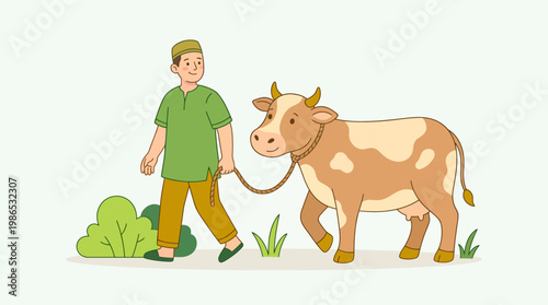 Muslim Man Leading a Cow for Qurbani Sacrifice During Eid al-Adha Illustration