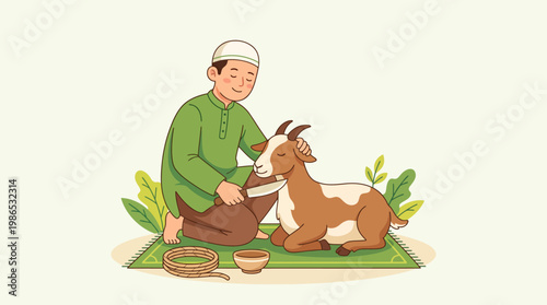 Muslim Man Preparing for Eid al-Adha Qurbani Sacrifice with a Goat Illustration
