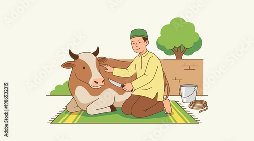 Muslim Man Preparing for Qurbani Sacrifice with Cow for Eid al-Adha Illustration