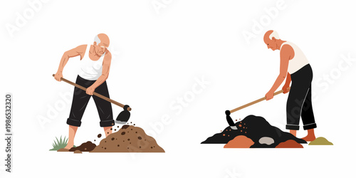 Vector illustration of an elderly man using a hoe to dig soil, shown in two different active gardening poses against a white background.