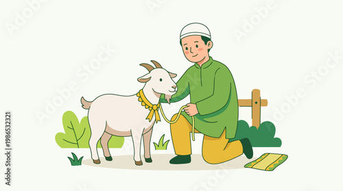 Muslim Man with Sacrificial Goat for Eid al-Adha Celebration Illustration