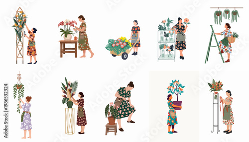 Collection of flat illustrations showing female florists and gardeners working with various plants, flowers, and tools in a floral shop or garden.