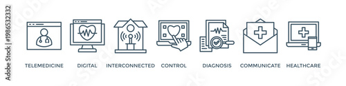 Digital health banner web icon vector illustration concept for technology in medical healthcare with icon of e-health, telemedicine, interconnected, smartwatch, diagnosis, email, and medical app