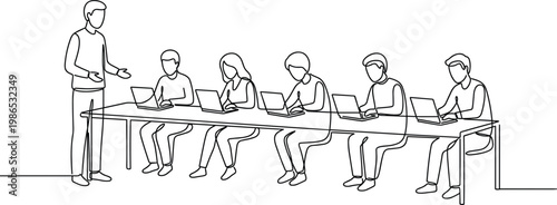 Instructor guiding students working on laptops in training session with collaborative learning and technology classroom line vector illustration