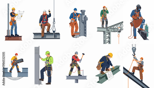 Set of industrial construction workers wearing safety harnesses and hard hats, performing various high-altitude tasks on steel beams and structures.