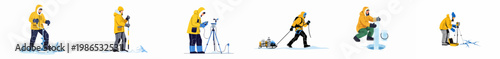 Set of flat illustrations showing arctic scientists and explorers conducting field research, ice core sampling, and weather monitoring in a polar environment.