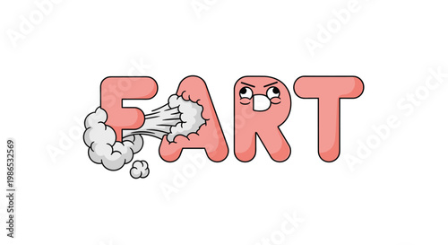Humorous illustration of the word fart in large pink letters with a white cloud of gas coming out of the middle.