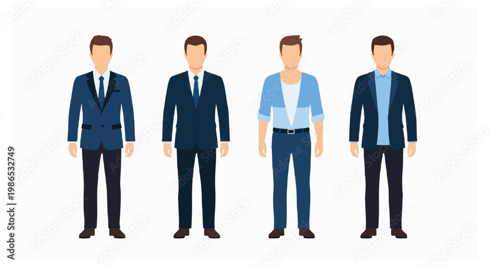 Fototapeta premium Four faceless male figures standing in a row wearing different styles of professional business attire including dark blue suits and light blue shirts.