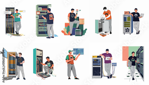 Collection of vector illustrations depicting an IT professional managing servers and network equipment in a modern data center environment.