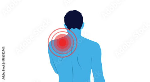 Blue silhouette of a man from behind with a red target symbol on his shoulder indicating muscle pain or joint injury needing medical care.