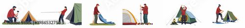 Flat vector collection of diverse people setting up tents and preparing their campsites in the wilderness for a camping and hiking adventure.