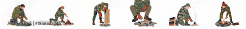 Collection of vector illustrations featuring men and women in camouflage gear practicing survival skills like starting fires and outdoor cooking.