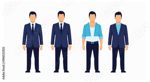 A set of four faceless male avatars displaying various professional and business casual outfits including navy suits and a blue buttoned shirt with dark trousers.
