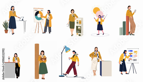 A collection of professional business woman characters in various office scenarios including presentations, consultations, and strategic planning in a flat vector style.