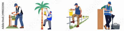 Set of illustrations showing professional workers setting and monitoring beetle traps in agricultural and palm tree environments for pest control and management.