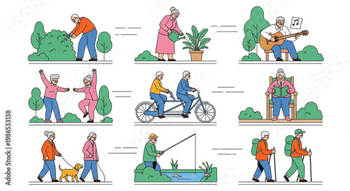 Active seniors lifestyle vector set with elderly characters gardening cycling and hiking in thin line style