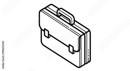 Line art illustration of a classic leather briefcase with a handle and two buckles viewed from an isometric perspective on a white background.