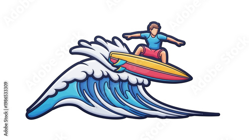 Dynamic illustration of a skilled surfer riding a powerful ocean wave, showcasing an exhilarating summer water sport adventure and a vibrant beach lifestyle