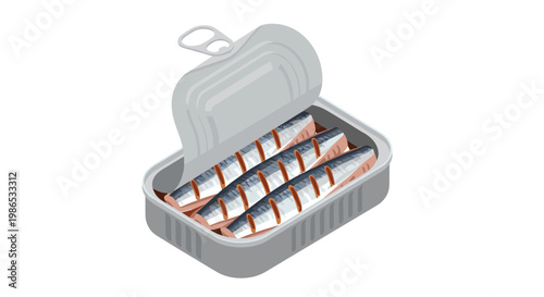Isometric illustration of an open tin can containing three grilled sardines in oil or sauce isolated on a clean white background for food themes.