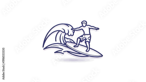 Dynamic line art illustration of a surfer expertly riding a large ocean wave, capturing the thrill and movement of water sports