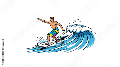 Dynamic illustration of a male surfer skillfully riding a vibrant blue ocean wave, embodying the thrilling spirit of summer sports and tropical adventure with splashes
